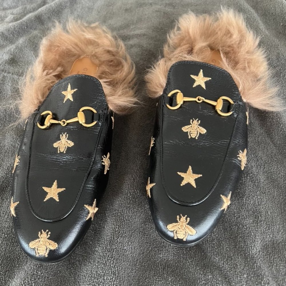 Gucci Multicolor Princetown Bee And Star Embroidered Fur Lined Loafers